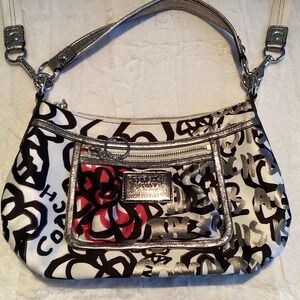 AUTHENTIC COACH POPPY GRAFFITI SHOULDER HOBO BAG PURSE_14784 WHITE/METALLIC/BLK